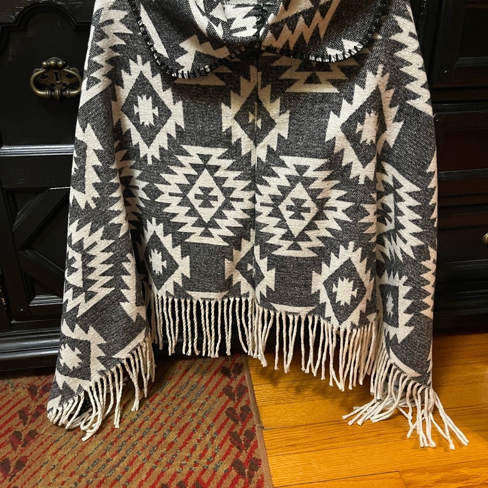 Aztec Patterned Poncho with Fringe